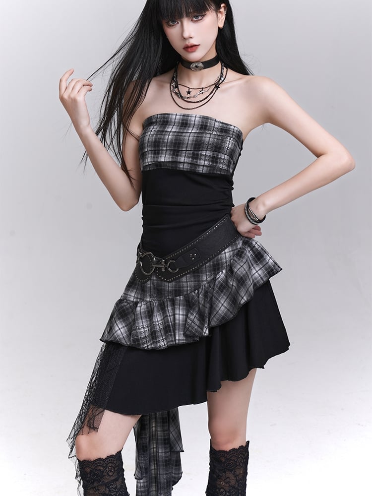 Trägerloses Kleid Rock Schwarz Weiß Plaid Asymmetrischer Saum Stufen
