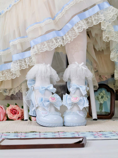 7.5CM Blue Kawaii Heart & Bowknot Decor Heels Lolita Shoes with Strawberry Print - Cute Bunny