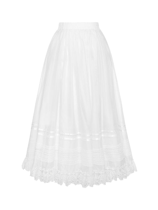 ウエスト下のトリミング、白いスカート、伸縮性のあるレースの裾