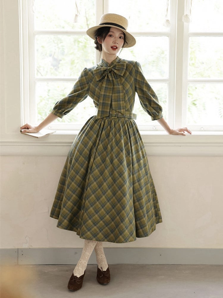 Grünes Karomuster Vintage Bowknot Schnalle Gürtel Kleid