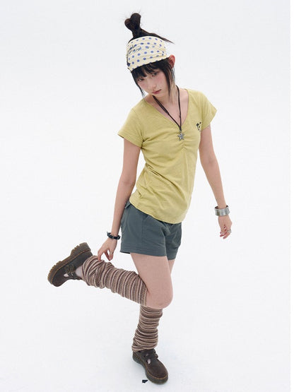 Light Green Cotton V-Neck Tee with Key Embroidery - innomoood