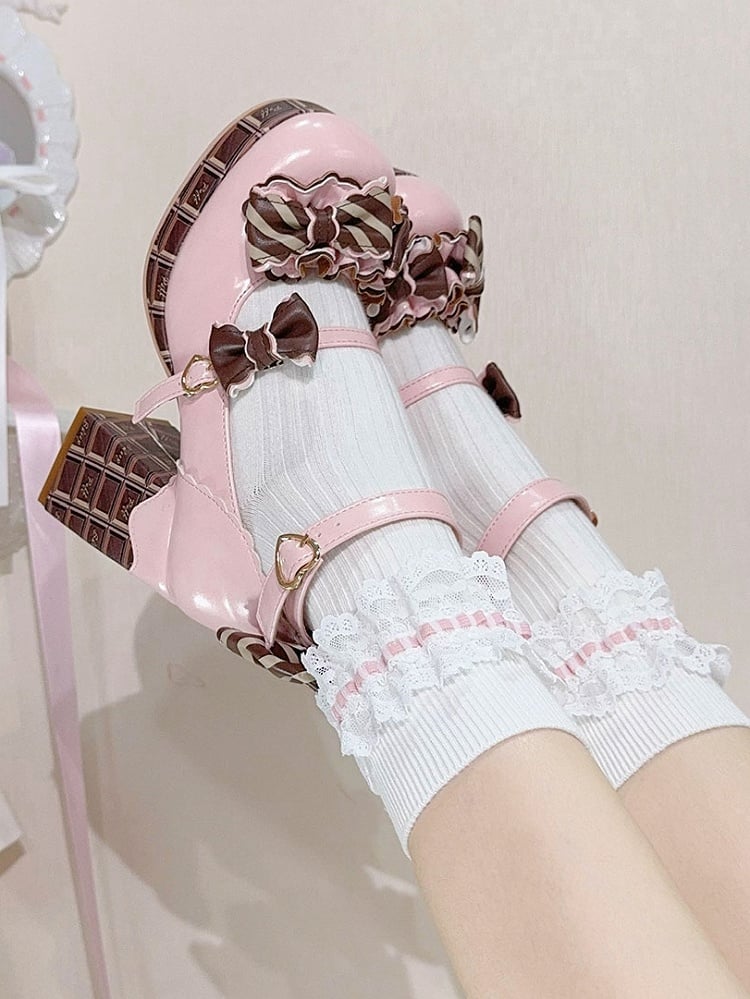 Chocolate Theme Striped Bowknot Mary Janes Heart Buckle - Sheep Puff