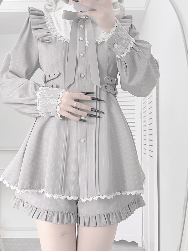 Matching Gray Kei + Bow Set Shorts Lace Long-Sleeve Light Dress Jirai Ruffle