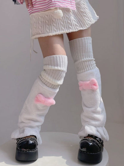 Pink) Style Lolita Fluffy Bow Warmers (White Leg