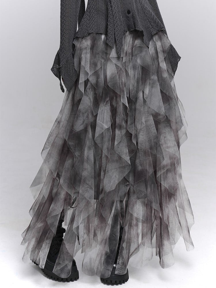 with  Gray Cascading Ruffles Skirt Tulle Asymmetrical Gothic
