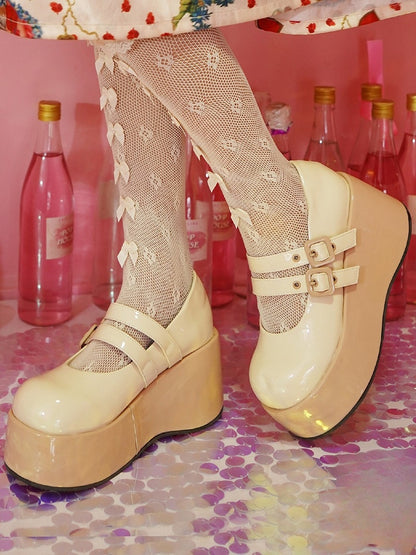 Platform Lolita Buckles Sole Yellow Sweet Brown Wedge Shoes with