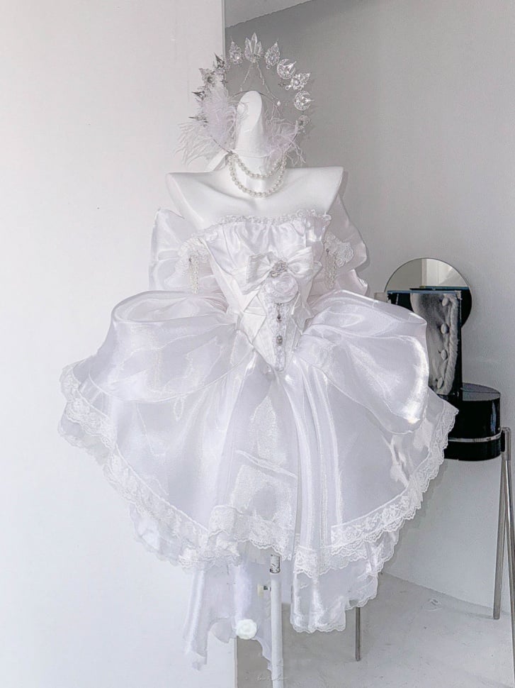 Rhinestones Balletcore Puffy Skirt White with Decorated Set Boned Corset Waist Strapless Top