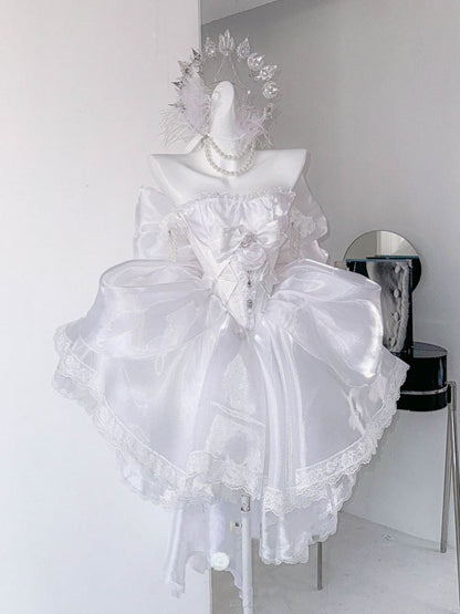 Rhinestones Balletcore Puffy Skirt White with Decorated Set Boned Corset Waist Strapless Top