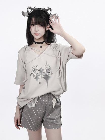 Summer Light Gray Cartoon Print V-Neck Top with Ties and Lace - PINK SAVIOR