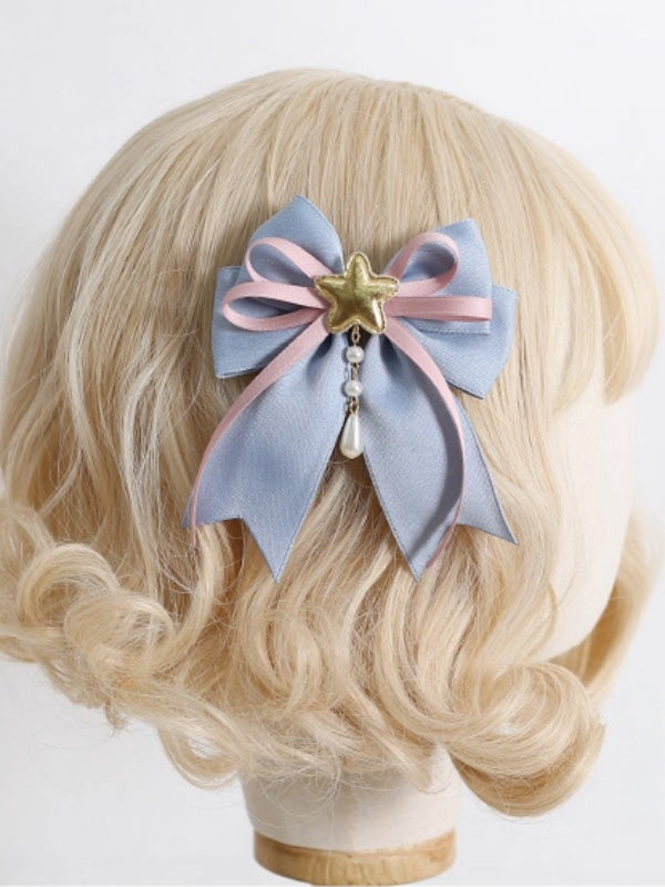Blue Dusty Hairclip with Cute Star / Bead Pink Bowknot Charms