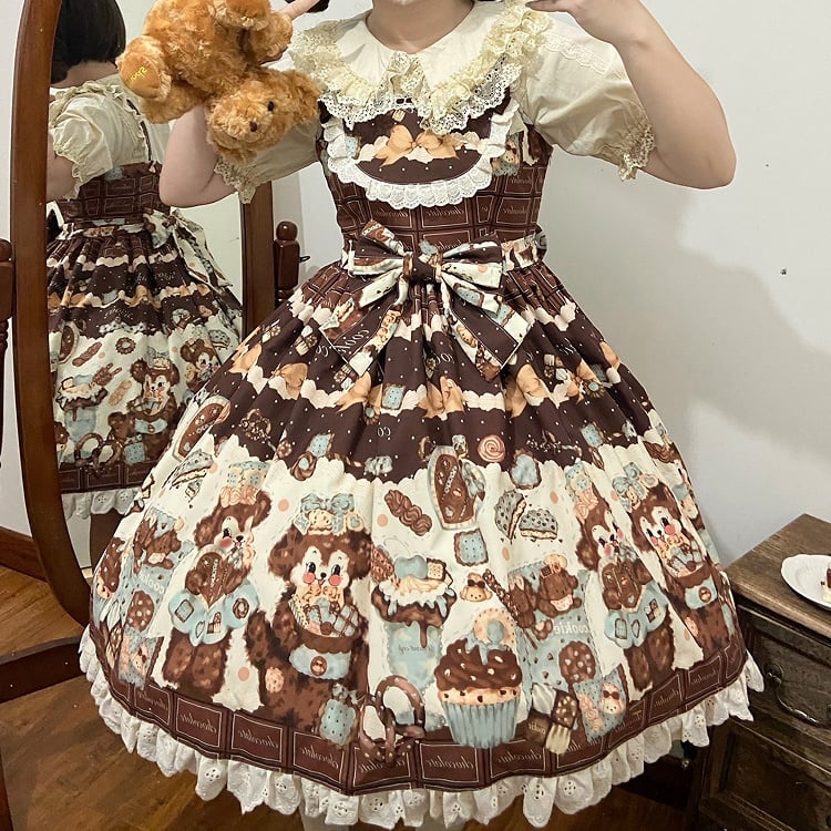 Cookies Lolita Waist Sweet Cute JSK Brown High and Fluffy Set Puppy Full Print