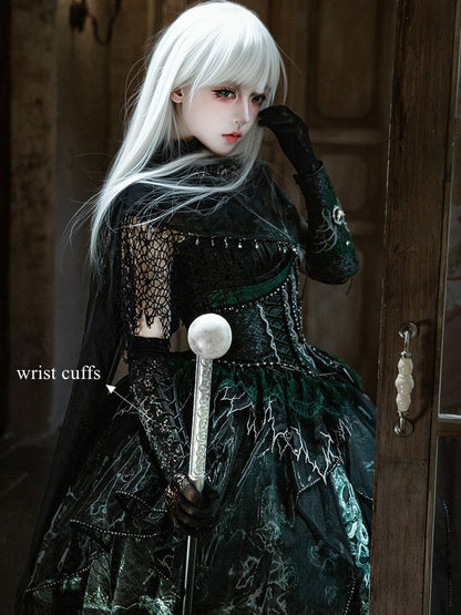Black & Green Bone Dragon Embroidery Halter Neck Gothic Lolita Dress Set - Ying Luo Fu
