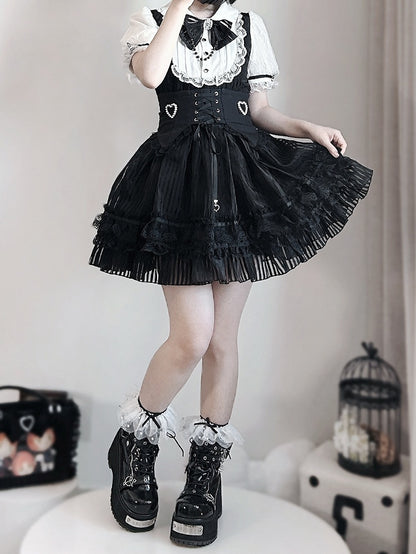 ベルトコルセットストライプスカートウエストパフィードレスレイヤードブラックジライケイホワイトとレースアップ3つのハイ