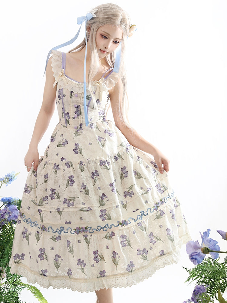 ネックラインジャンパースカート ベージュ オフショルダー パープルアイリス刺繍