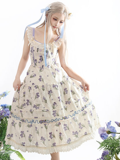 ネックラインジャンパースカート ベージュ オフショルダー パープルアイリス刺繍