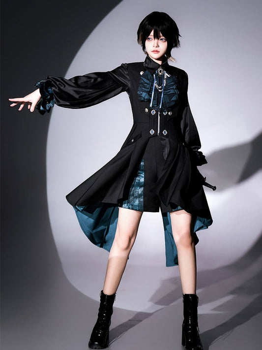 Long Shirt - Black Ouji Blue + Sleeves Tie Waistcoat Jabot Full and Prince Shorts Lolita Set