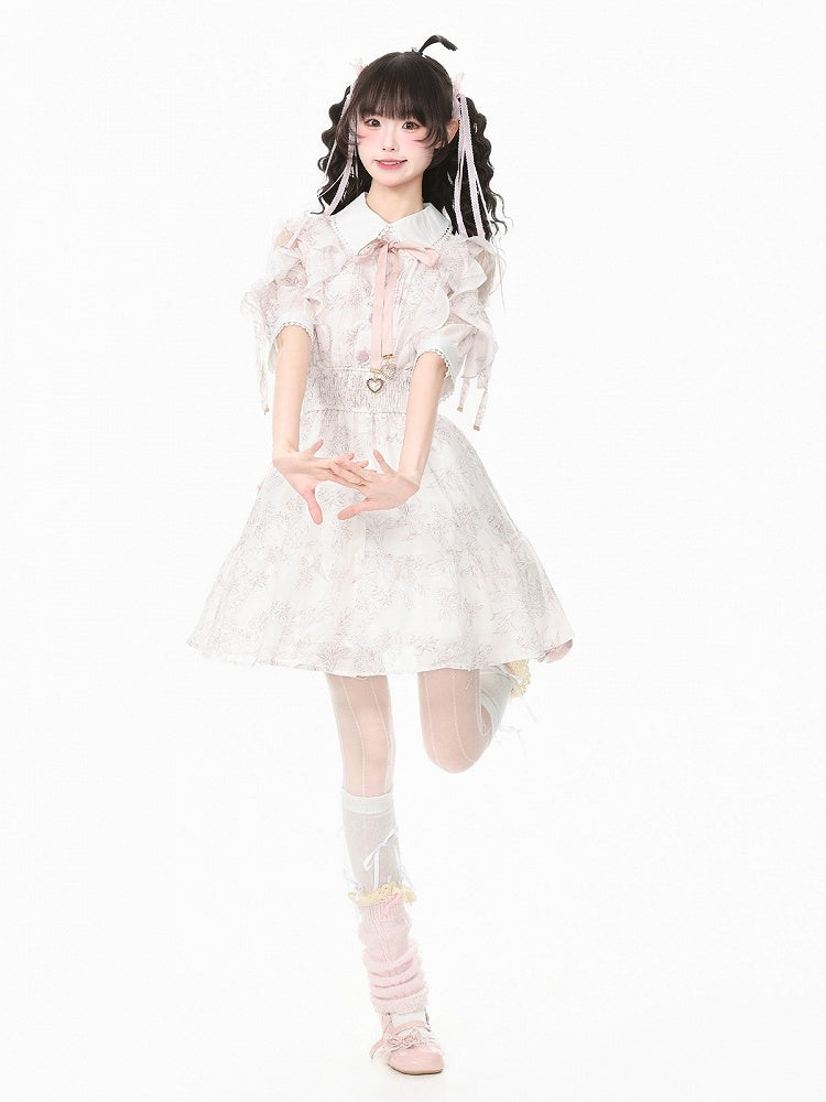 Light Pink Mesh Shoulder Cut-Out Dress with Ruffle Trim
