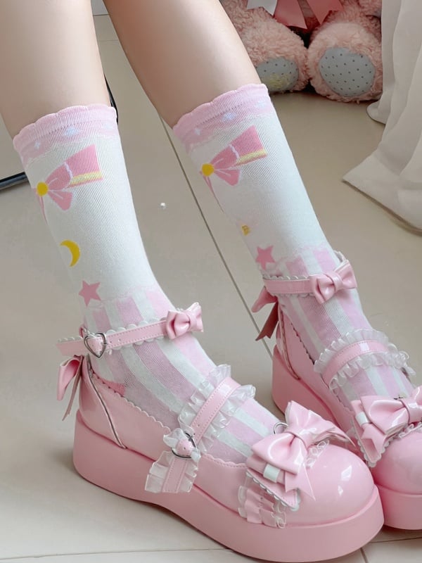 Sweet Lolita Striped Calf Socks with Bow, Star and Moon Print