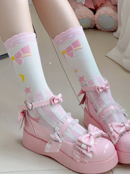 Pink Sweet Lolita Bowknot Star Moon Striped Pattern Calf Socks