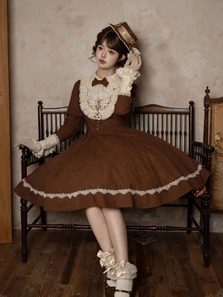 Brown Lace OP Dress with Detachable Bow - iris de nuit