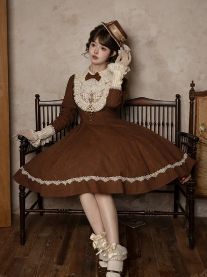 Brown Lace OP Dress with Detachable Bow - iris de nuit