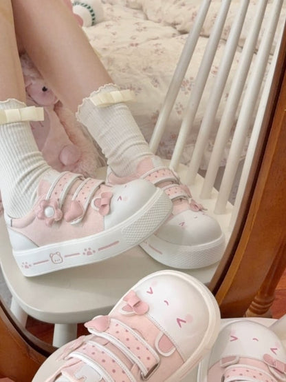 Print Sneakers Rabbit Heel with Dot Platform Paw Straps Bear Kawaii Motif Pink -