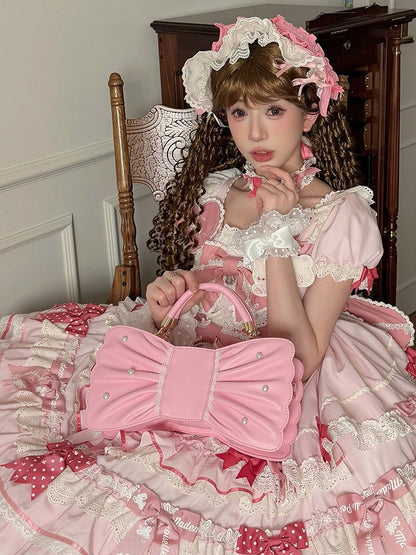 Sweet Lolita Bowknot Bag with Pearls & Lace - Sheep Puff Bag