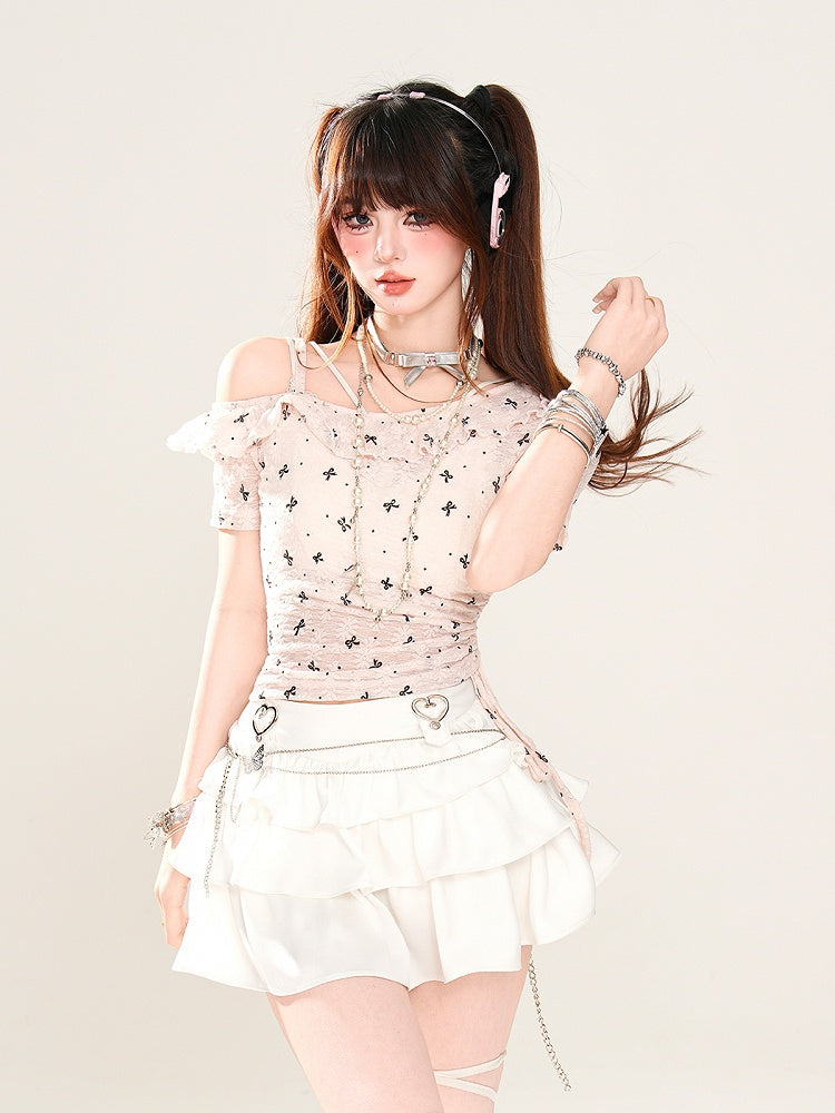 Asymmetrischer Ausschnitt Schleifendruck Kordelzug Halbtransparentes T-Shirt Rosa Taille