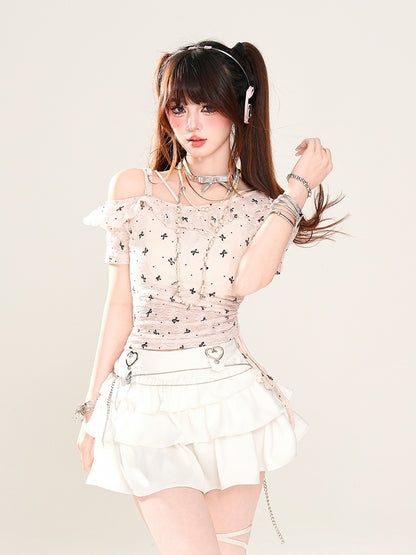 Asymmetrischer Ausschnitt Schleifendruck Kordelzug Halbtransparentes T-Shirt Rosa Taille