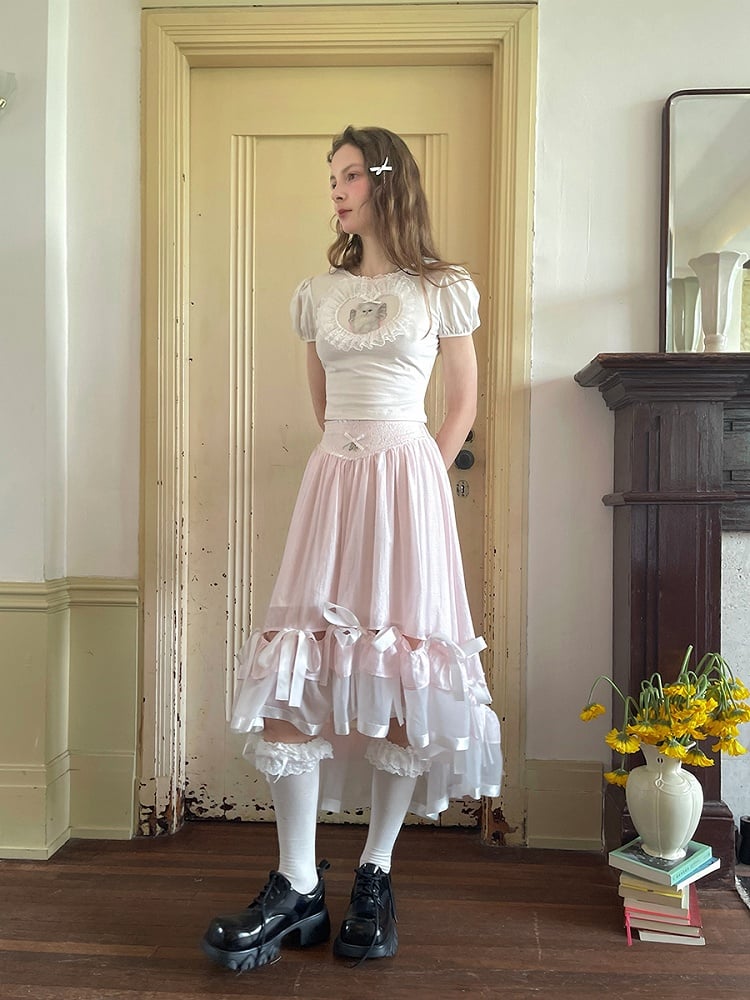 White Cropped Tee with Sweetheart Applique  Cat Print