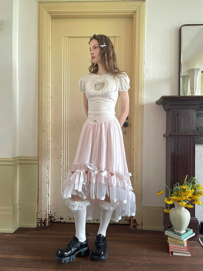 White Cropped Tee with Sweetheart Applique  Cat Print