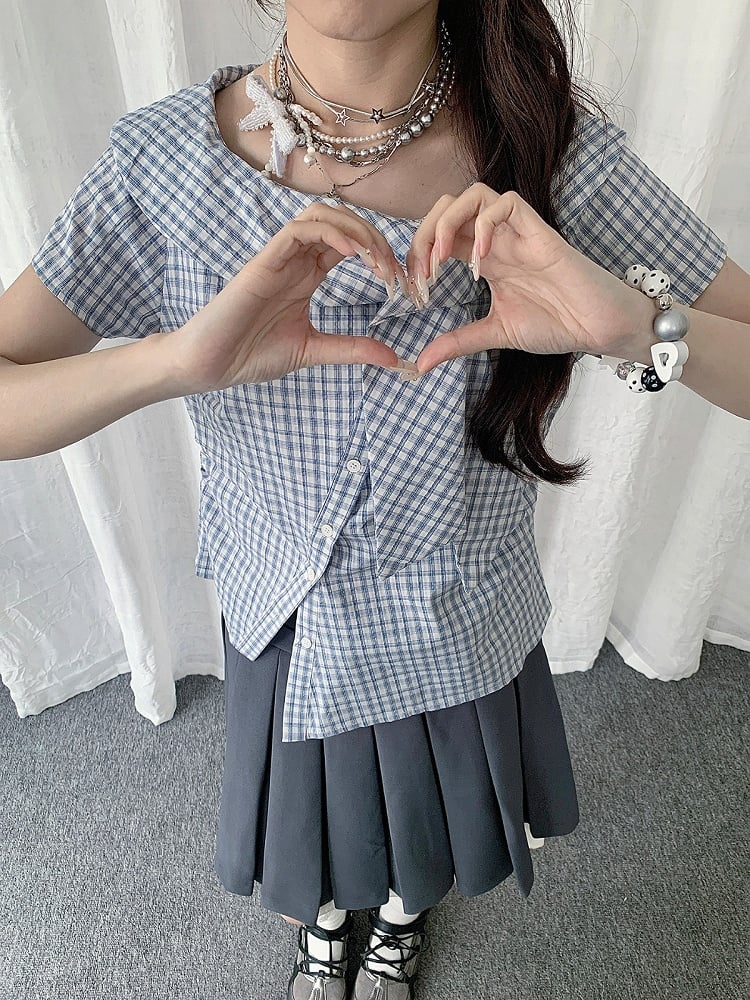 Asymmetrical Neckline Short Sleeve Top with Plaid Pattern - Solkatt