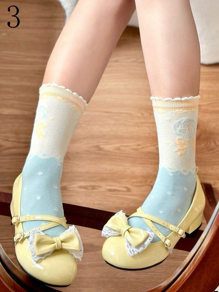 Pink/Blue Lolita Print Cookie/Candy/Ice Calf Socks Cream/Lollipop/Bowknot