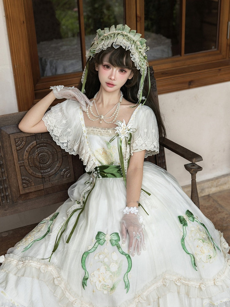 Beige Classic Lolita Long Dress Set with Embroidery & Lace Layers - Lunar Radiance