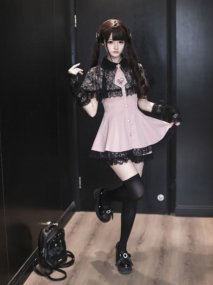 Stripe Dress Set with Lace Cape and Tie - Ekomi