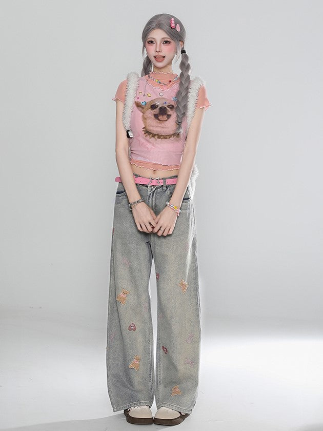 Light Gray Straight-Leg Jeans with Faded Wash and Bear Embroidery