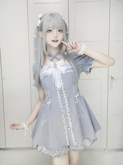 with Dusty Dress Jirai and Kei Blue Tie Buttons Set: Neck Heart Halter Shorts Adjustable