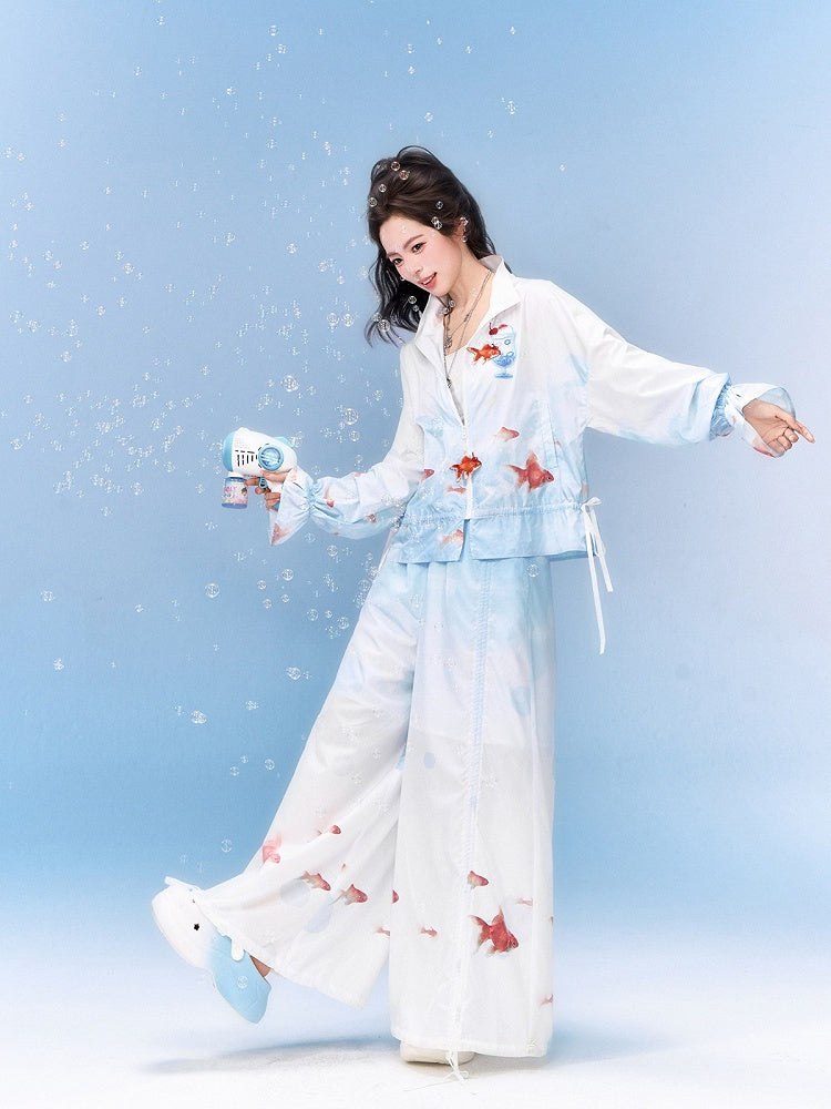 Blue White Wide-Leg Elastic Waist Pants with Goldfish - Zao Jing Ji