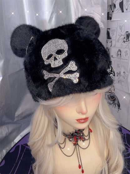 Schwarze Mütze mit Skelett-Strass und Bärenohren