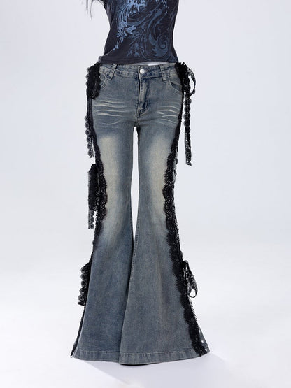 Trim Jeans Lace Blue Bittersweet Detail Flare Glamorous Side Silhouette Lace-up