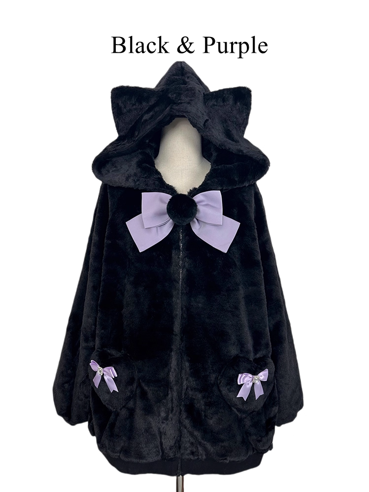 12 Kitty-Ear Jacket Bows Detachable Hooded with Pompom Jirai Available Colors Plush Kei