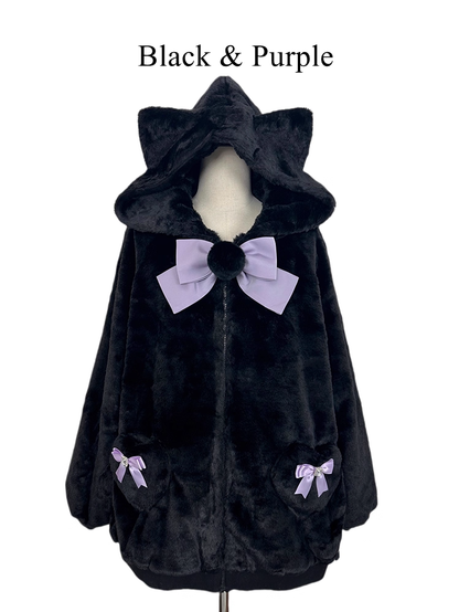12 Kitty-Ear Jacket Bows Detachable Hooded with Pompom Jirai Available Colors Plush Kei