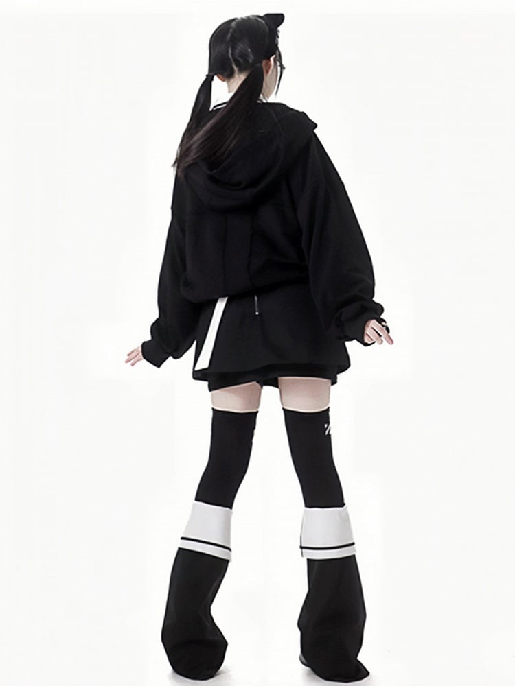 Black Buckle Straps Star Studs Zip Closure Hoodie