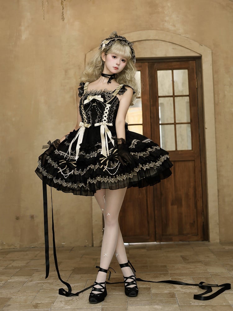 Perlen Schwarz Prinzessin Verziert Kleid Schleifen Lolita Stufenrock Kette