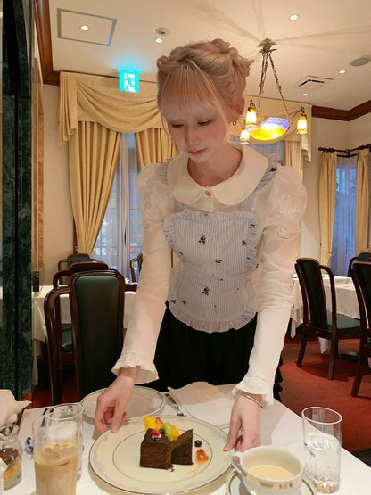 Top Ruffled Apron Black/White Peter with Pan Collar Faux Two-Piece