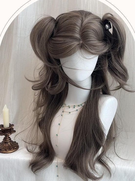 Braune lange gewellte Kunsthaarperücke mit Vorhangpony