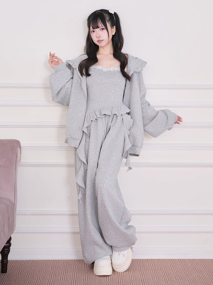 Gray Wing-Shaped Rhinestone Zip-Up Hoodie with Ruffle Trim - No Genki