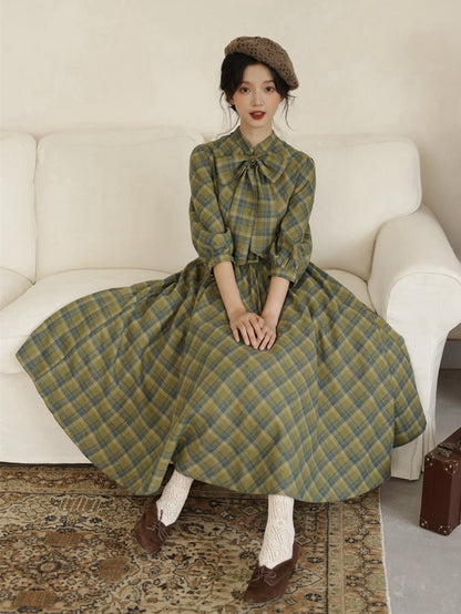 Grünes Karomuster Vintage Bowknot Schnalle Gürtel Kleid