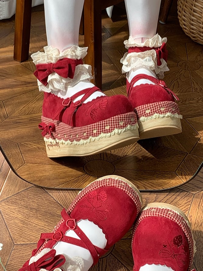 Ankle Closures Strap Lace Trimmed Platforms Lolita at Sweet Red Strawberry Velcro -
