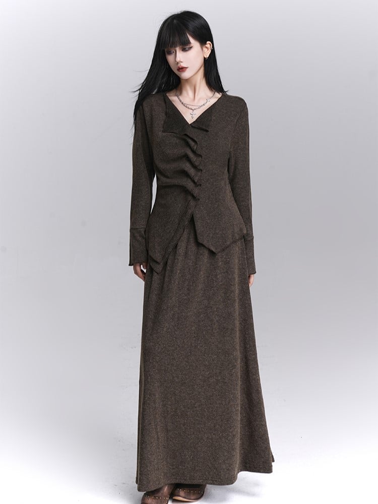 Strap Long V-Neck with Coffee Neck Sleeve Button Details Top